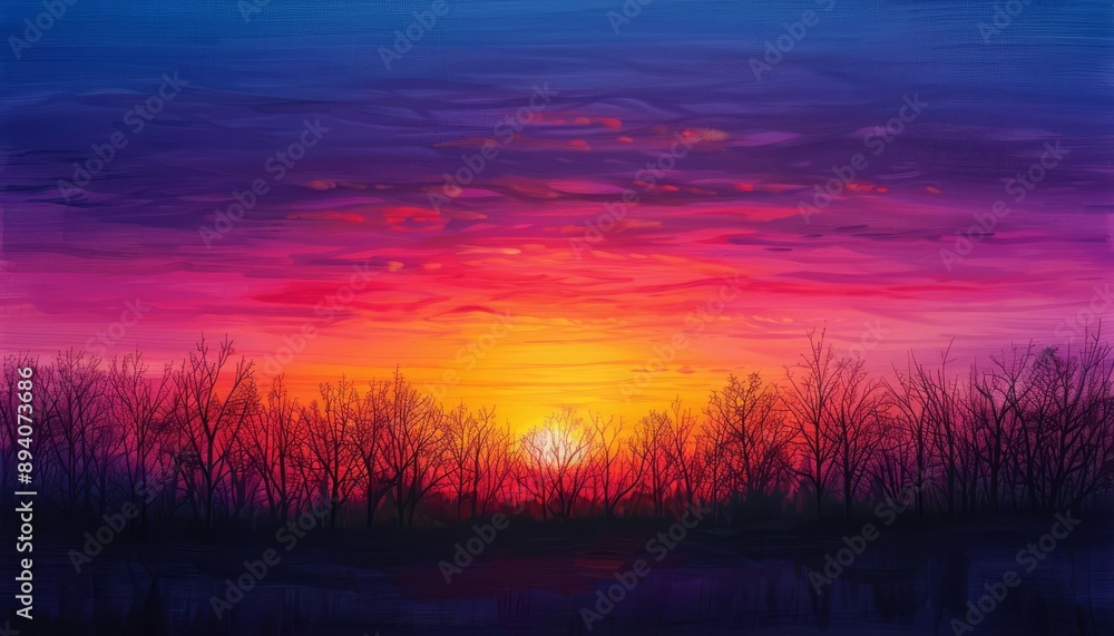 A stunning sunset paints the sky with vibrant hues of pink, orange, and purple over a silhouette of bare trees in a serene, natural landscape. A stunning sunset paints the sky with vibrant hues of pink, orange, and purple over a silhouette of bare trees in a serene, natural landscape.