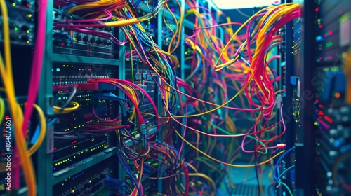 A pixelated tangle of brightly colored network cables behind a server rack, creating a chaotic yet nostalgic aesthetic