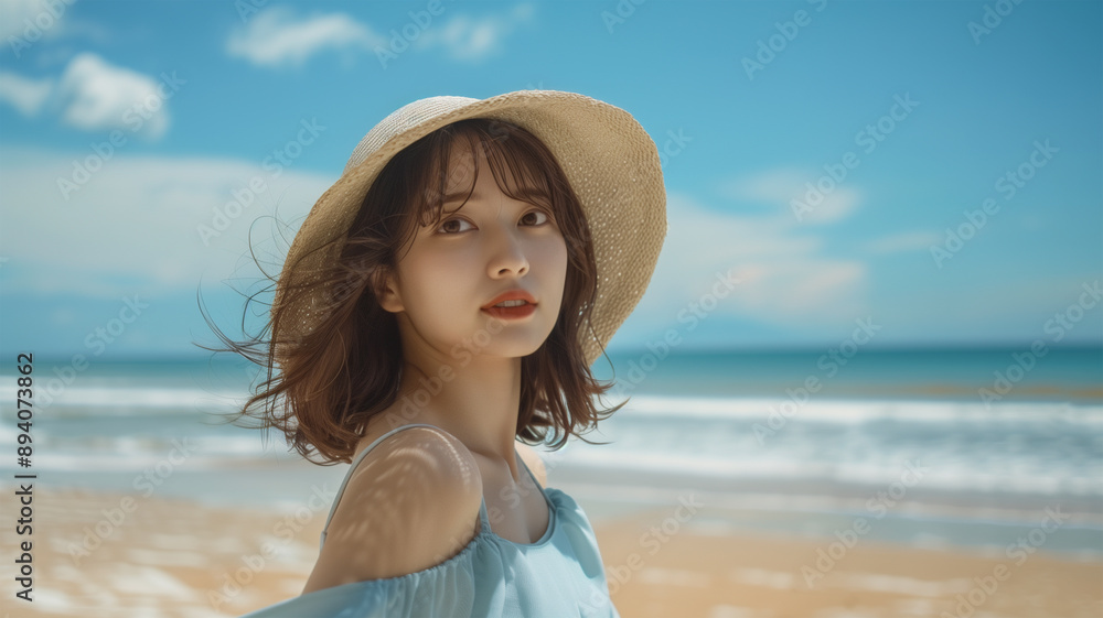 晴れた日のビーチを歩く女性 晴れた日のビーチを歩く女性