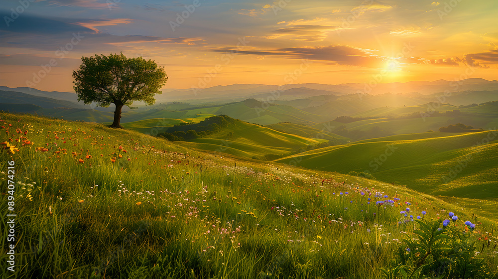 Fototapeta premium A golden sunset over rolling green hills with a lone tree and wildflowers in the foreground