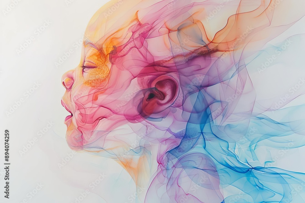 Fototapeta premium Abstract portrait of a person with colorful, flowing lines, blending seamlessly into the background, creating a dreamlike and vibrant artwork.