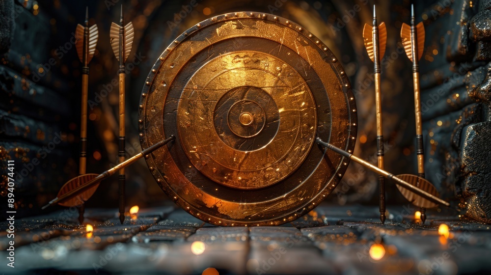 Fototapeta premium 3D rendering of a golden target with arrows hitting the center.