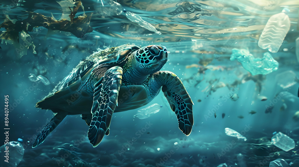 Obraz premium A sea turtle tangled in plastic debris swimming through a polluted ocean, highlighting environmental impact