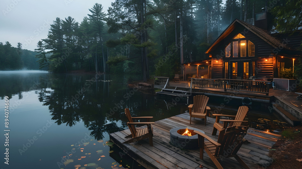 Fototapeta premium A serene lakeside cabin with a wooden deck, Adirondack chairs, and a fire pit, surrounded by tall pine trees and a calm, reflective lake