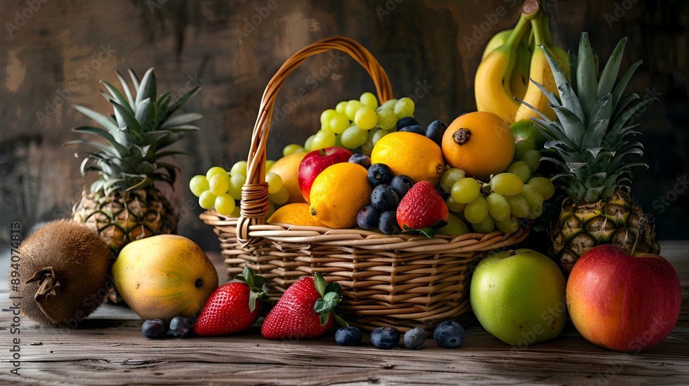 A variety of colorful fruits arranged in a rustic wicker basket on a wooden table A variety of colorful fruits arranged in a rustic wicker basket on a wooden table