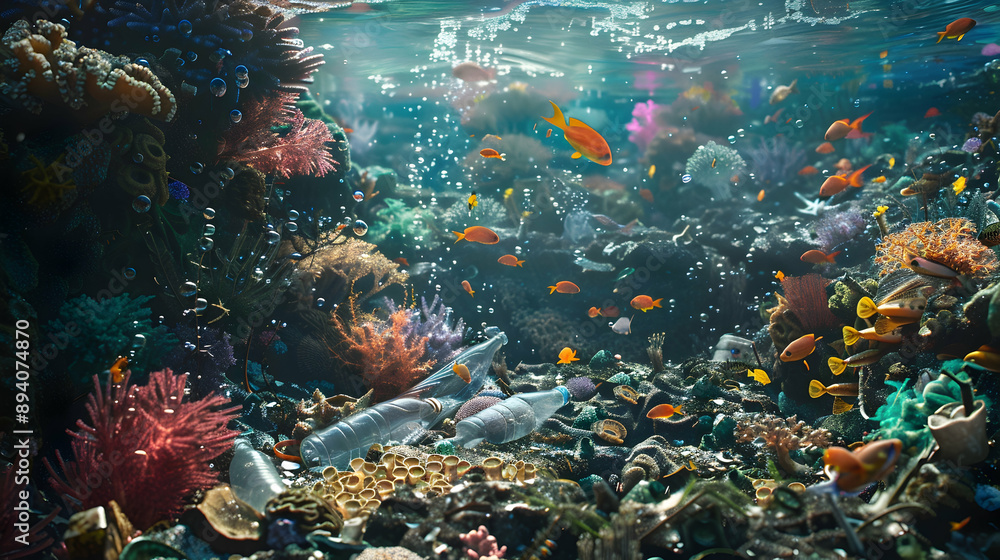 Naklejka premium A vibrant coral reef surrounded by discarded plastic bottles and bags, showcasing the threat to underwater ecosystems