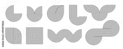 Black linear boho style arch and wave set. Mid century curve shapes collection. Decorative line arc elements for graphic design template, poster, banner, cover. Vector wavy zigzag forms