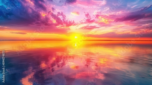 A vibrant sunset with a spectrum of colors melting into each other, reflecting off a calm lake. 32k, full ultra HD, high resolution