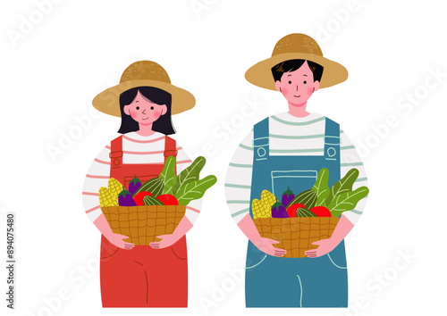 野菜が入ったバスケットを抱えてたつ農家の男女