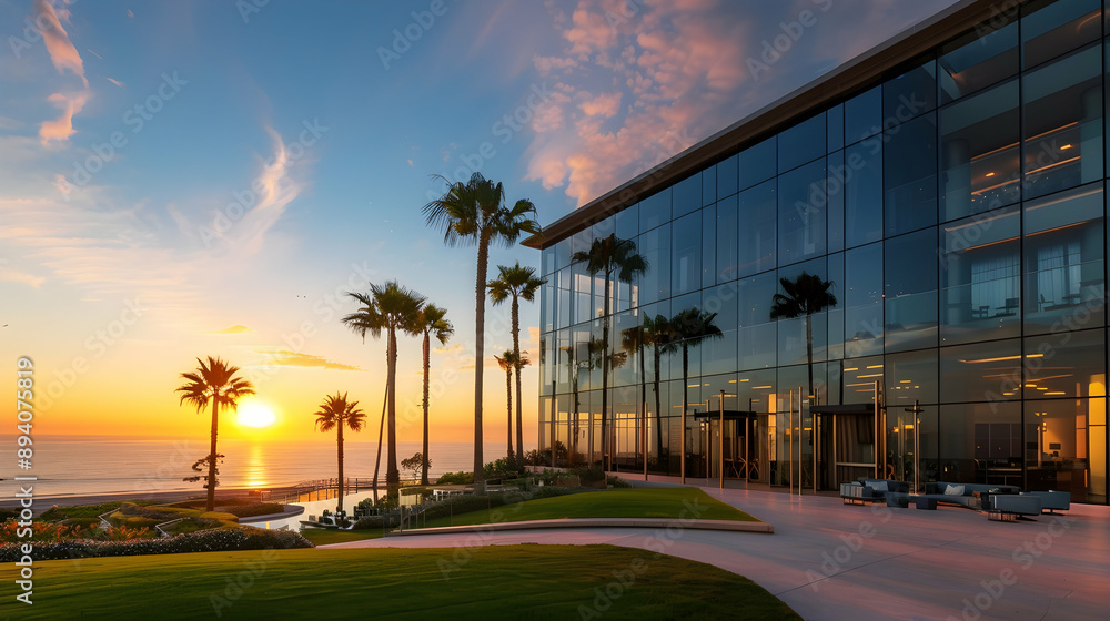 Fototapeta premium Beachfront hotel with a modern glass facade, palm trees, and a sunset view over the ocean