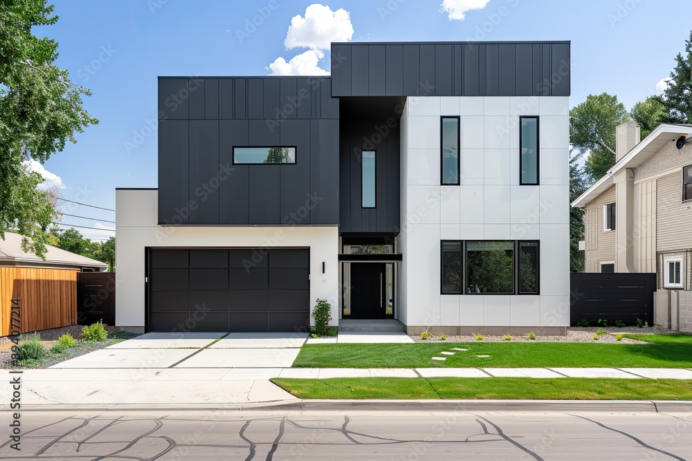 Modern two-story house exterior with black and white facade, spacious ...