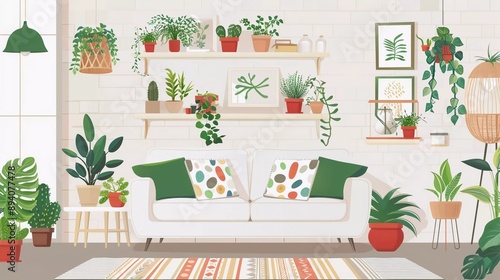 
Living room with sofa and shelves Living room interior in modern Scandinavian.Wicker lampshade, shelves with decorations, lots of indoor plants. Very beautiful vector cartoon style