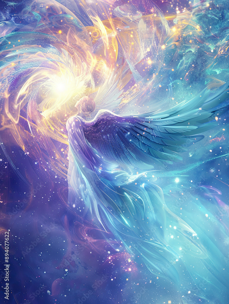 Translucent Winged Angel Amidst Galaxies