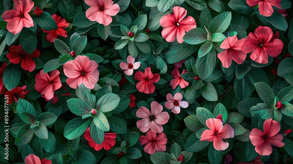 Pink and red flowers in green foliage Spring blooms Flora backdrop Nature scene Pink and red flowers in green foliage Spring blooms Flora backdrop Nature scene