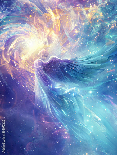 Obraz na płótnie Translucent Winged Angel Amidst Galaxies w salonie