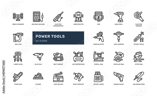 power tools electronic maintenance repair fix outline line icon set