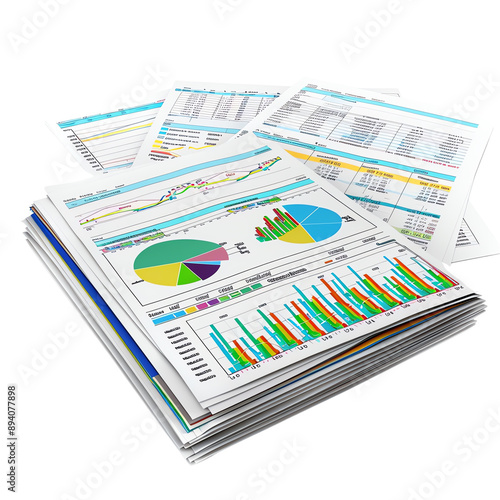 Stack of detailed financial reports with colorful charts and graphs, showcasing business data and statistics.