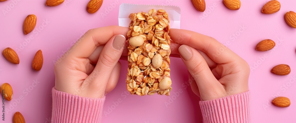 Obraz premium A Young Woman'S Hand Holding A Cereal Bar On A Pastel Pink Table, The White Pack Opened, A Close-Up Of A Healthy Snack