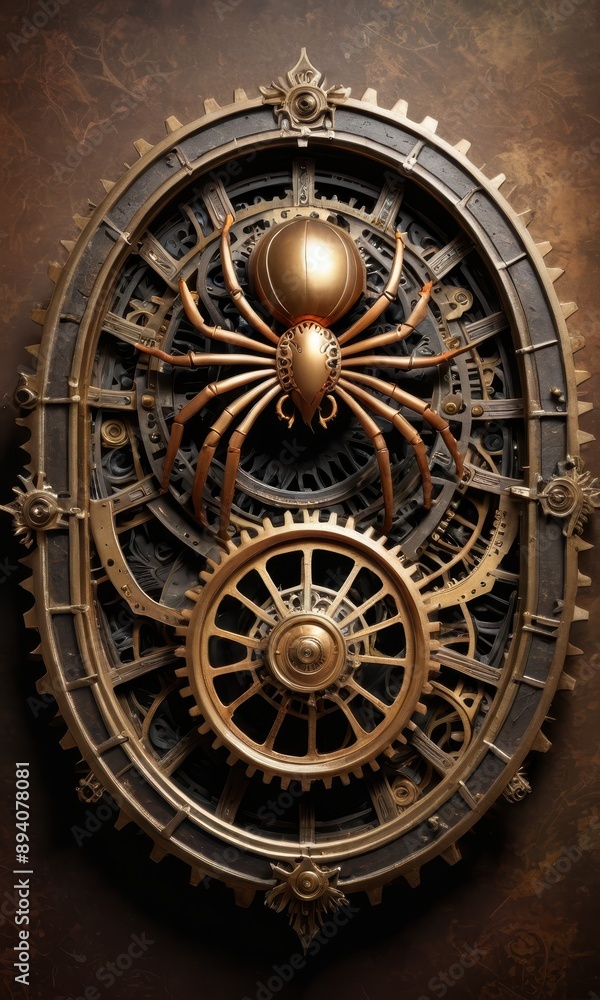 Fototapeta premium Golden Spider in a Steampunk Gear Clock.