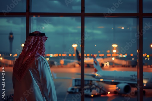 Saudi Gulf Arab man wearing a traditional white thobe and red shemagh, standing on dark night and lamps on airport blurred glass window background.