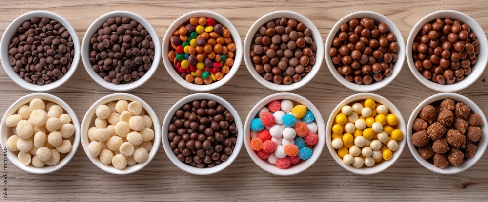 An Assortment Of Candy In Bowls On A Light Wood Background, Bright And Inviting An Assortment Of Candy In Bowls On A Light Wood Background, Bright And Inviting