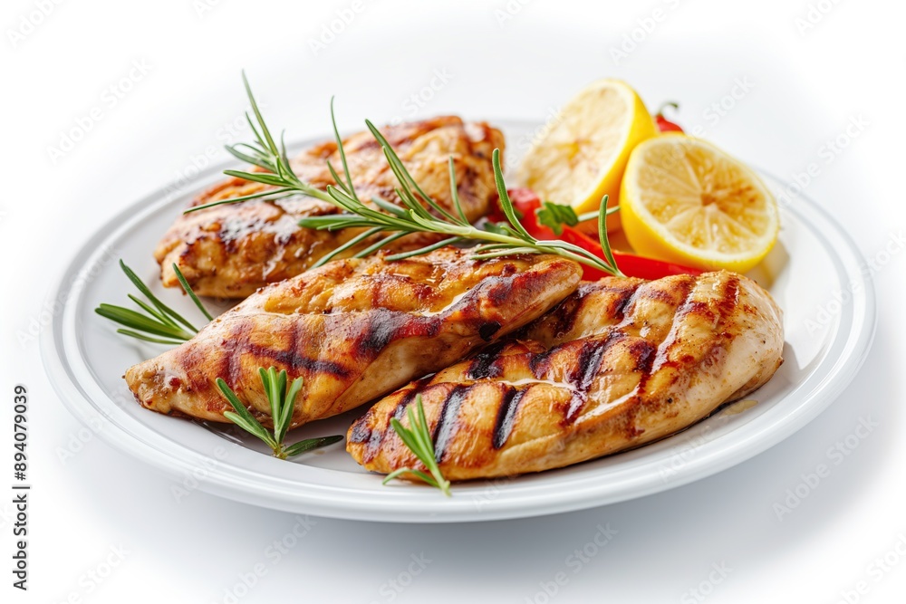 Grilled chicken breast with rosemary and lemon on white plate. Grilled chicken breast with rosemary and lemon on white plate.