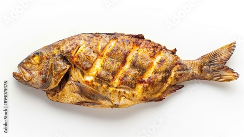 Grilled fish isolated on white background. Top view.