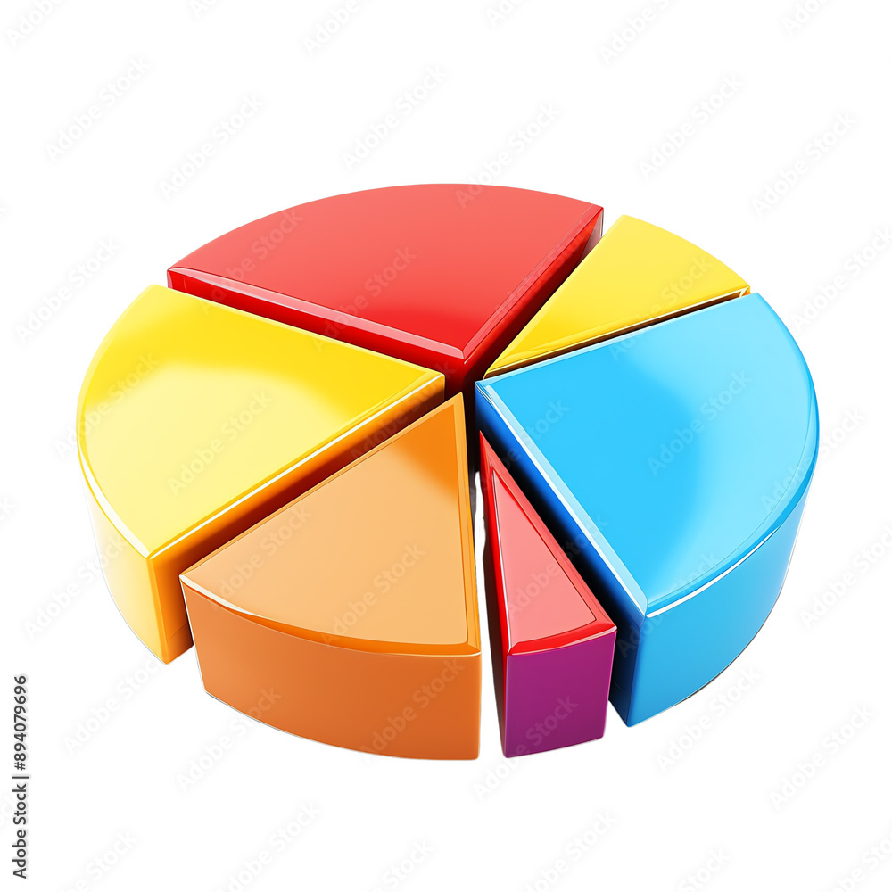 Obraz premium Colorful 3D pie chart with segmented slices representing data analysis, useful for presentations and infographics.