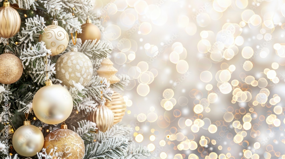 Adorned holiday tree with gold and white ornaments, light bokeh backdrop Adorned holiday tree with gold and white ornaments, light bokeh backdrop