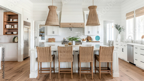 Coastal cottage with white shiplap walls, a farmhouse kitchen island, wicker furniture, hardwood floors, and ocean-inspired decor