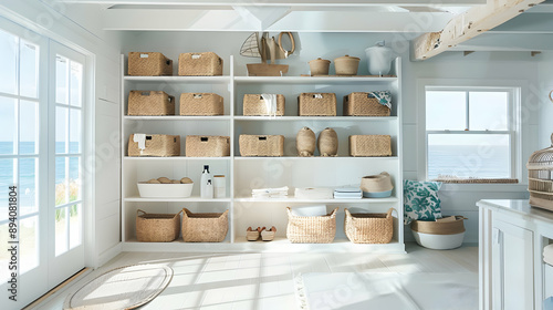 Coastal storage room with white shelving  wicker baskets  beach-themed decor  and natural light streaming through windows overlooking the ocean