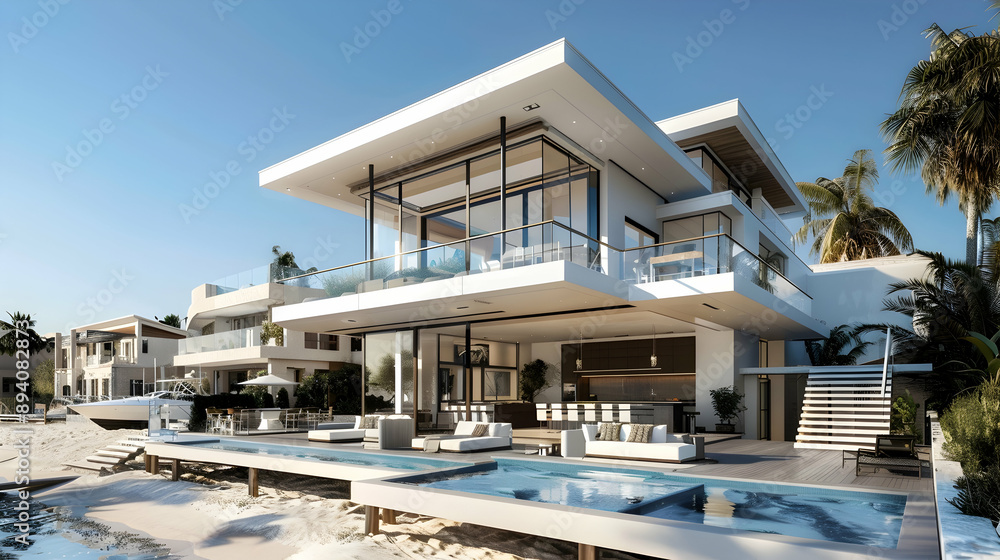 Fototapeta premium Contemporary beach house with white terraces, blue accents, and tiered decks overlooking a bustling marina