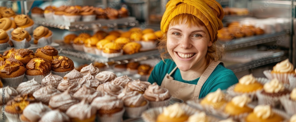 A Smiling Female Tourist Inspecting Cupcakes Through The Window Of A Bakery, Filled With Excitement A Smiling Female Tourist Inspecting Cupcakes Through The Window Of A Bakery, Filled With Excitement