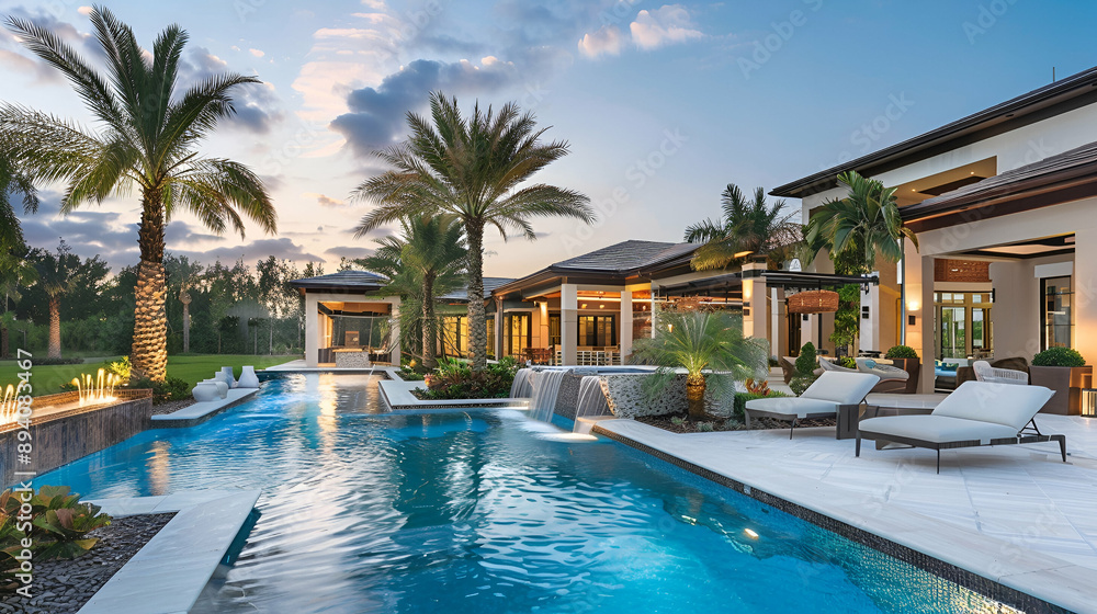 Resort-style pool with palm trees, cabanas, and a cascading fountain beside a modern mansion Resort-style pool with palm trees, cabanas, and a cascading fountain beside a modern mansion