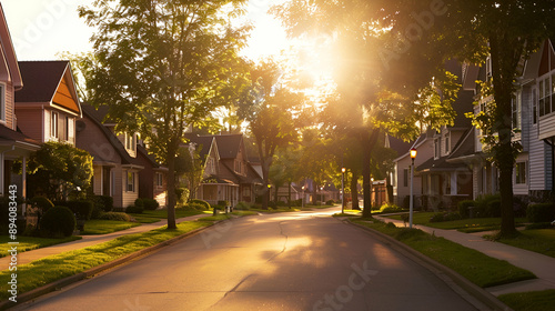 Quiet suburban street with tree-lined sidewalks, charming single-family homes under the golden evening light