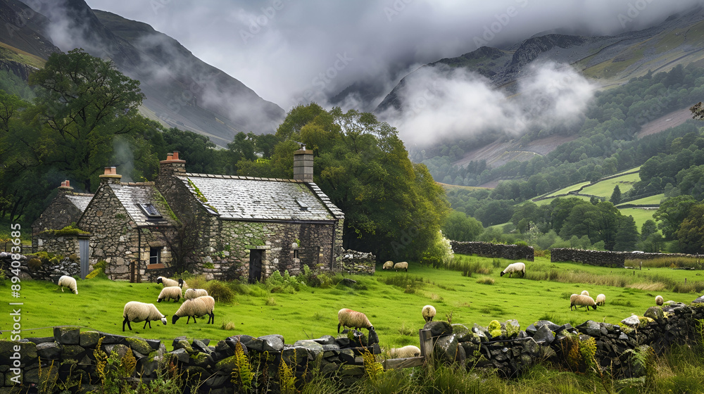 Φωτογραφία Rural mountain hamlet with stone cottages, smoke rising from chimneys, and sheep