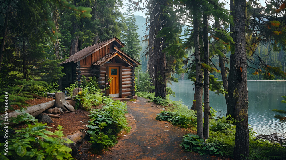 Rustic cabin entrance with a wooden door, nestled amidst towering pine trees and a winding forest path leading to a serene lake Rustic cabin entrance with a wooden door, nestled amidst towering pine trees and a winding forest path leading to a serene lake