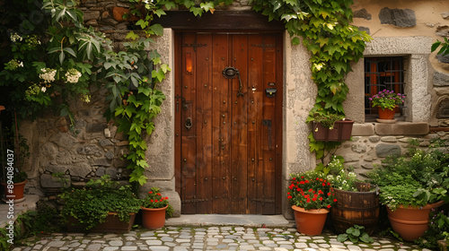 Rustic cottage entryway: Wooden door with iron hardware, surrounded by ivy-covered stone walls and flower pots on a cobblestone path photo