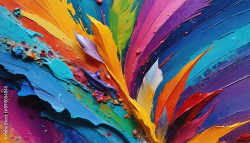 Abstract Colorful Oil Painting with Feathers.