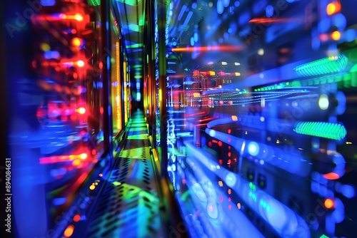 Abstract Server Room with Colorful Lights and Reflections.
