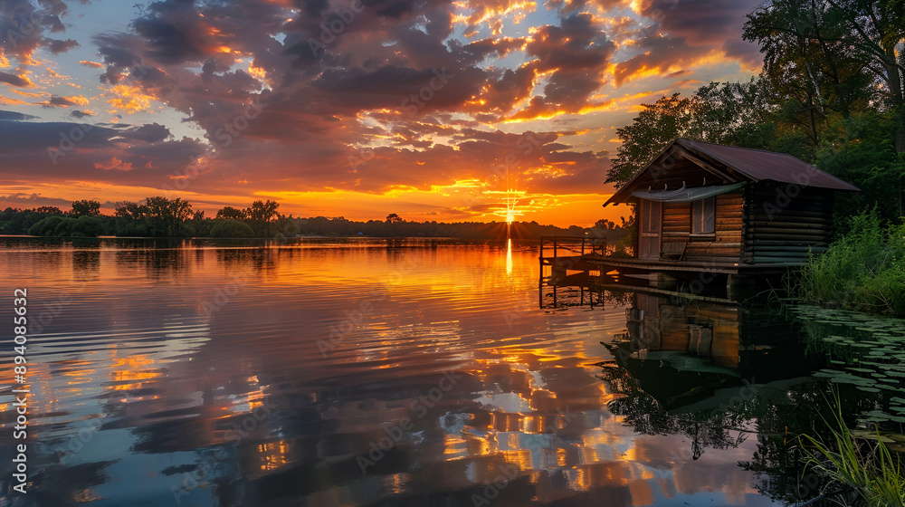 Fototapeta premium Serene lakeside at sunset with a rustic cabin, the sky ablaze with colors reflecting off the calm water