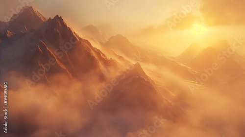 a misty mountain range at sunrise, golden light, crisp detail