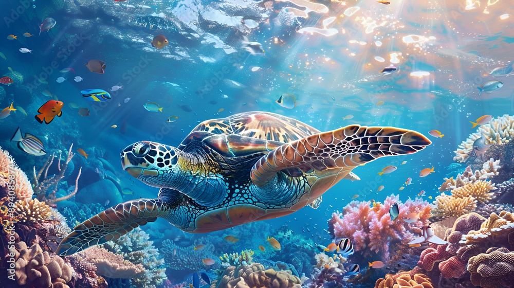 Obraz premium Serene turtle gliding over a bustling coral reef, surrounded by tropical fish and underwater flora