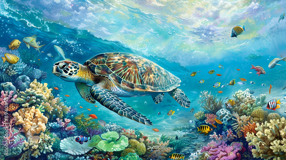 Fototapeta premium Serene turtle gliding over a bustling coral reef, surrounded by tropical fish and underwater flora