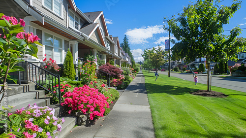 Serene suburban neighborhood with neatly trimmed lawns, children playing, and vibrant flower gardens lining the tranquil street