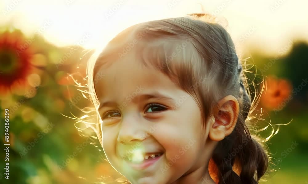 Portrait of a smiling little girl in a flower garden at sunset Portrait of a smiling little girl in a flower garden at sunset