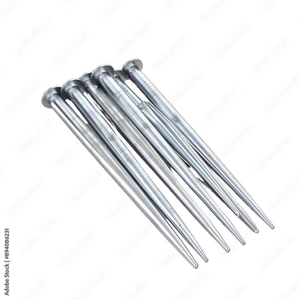 Close-up of six shiny metal nails lined up in a row, isolated on white background, ideal for construction and DIY projects. Close-up of six shiny metal nails lined up in a row, isolated on white background, ideal for construction and DIY projects.