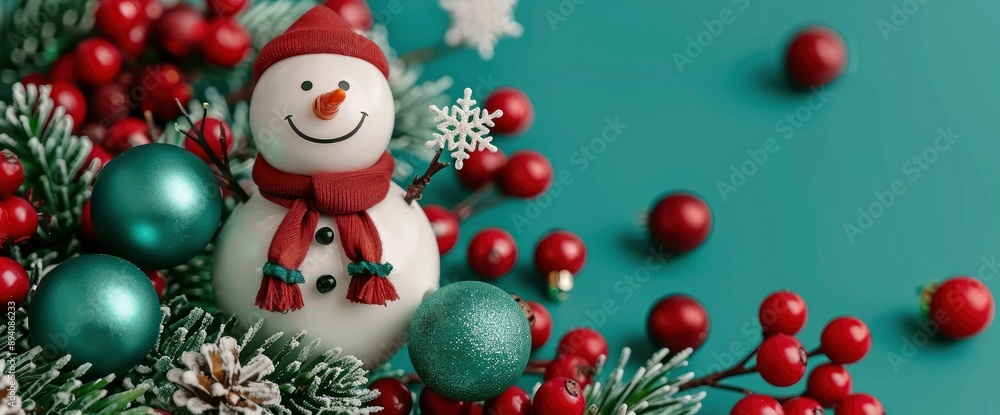 A Happy Snowman Holding A Fir Branch Decorated With Berries, Candy, And A Star-Shaped Ornament, Filled With Holiday Cheer A Happy Snowman Holding A Fir Branch Decorated With Berries, Candy, And A Star-Shaped Ornament, Filled With Holiday Cheer