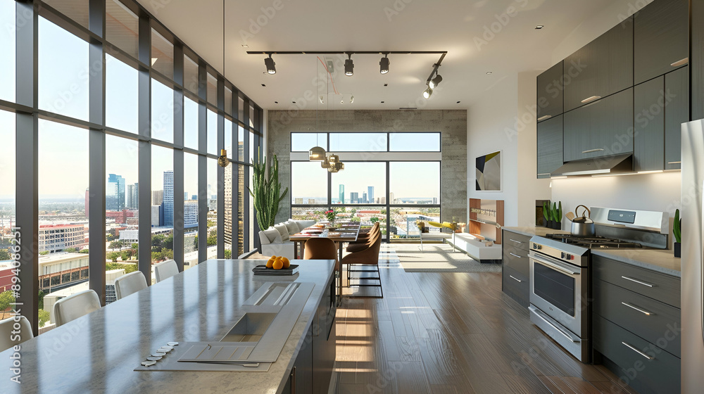 Fototapeta premium Sleek design kitchen and dining room with stainless steel appliances both are separated with glass wall, concrete countertops, minimalist furniture, and large windows showcasing a city skyline