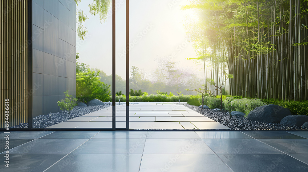 Sleek modern glass door overlooking a minimalist Zen garden with bamboo and stone pathways under the spring sun Sleek modern glass door overlooking a minimalist Zen garden with bamboo and stone pathways under the spring sun